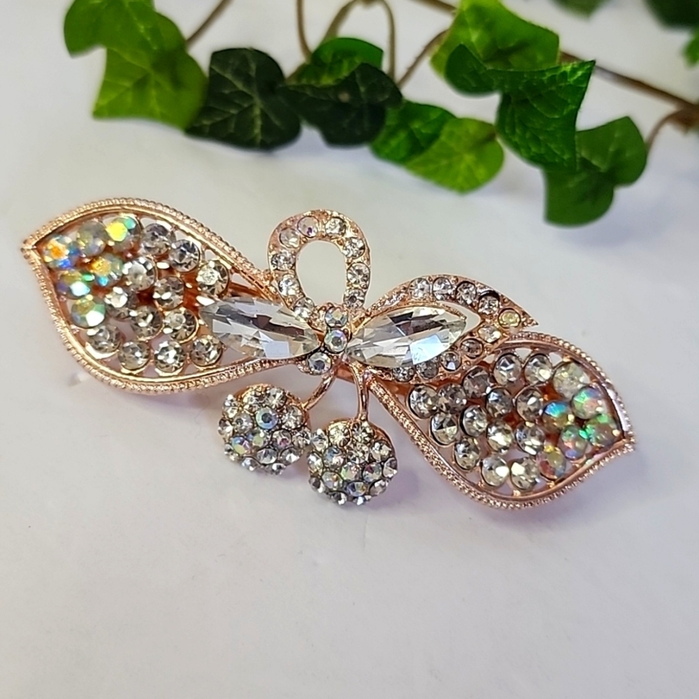 Rose Gold Hair Clip Bow with Cherries Crystal Rhinestones